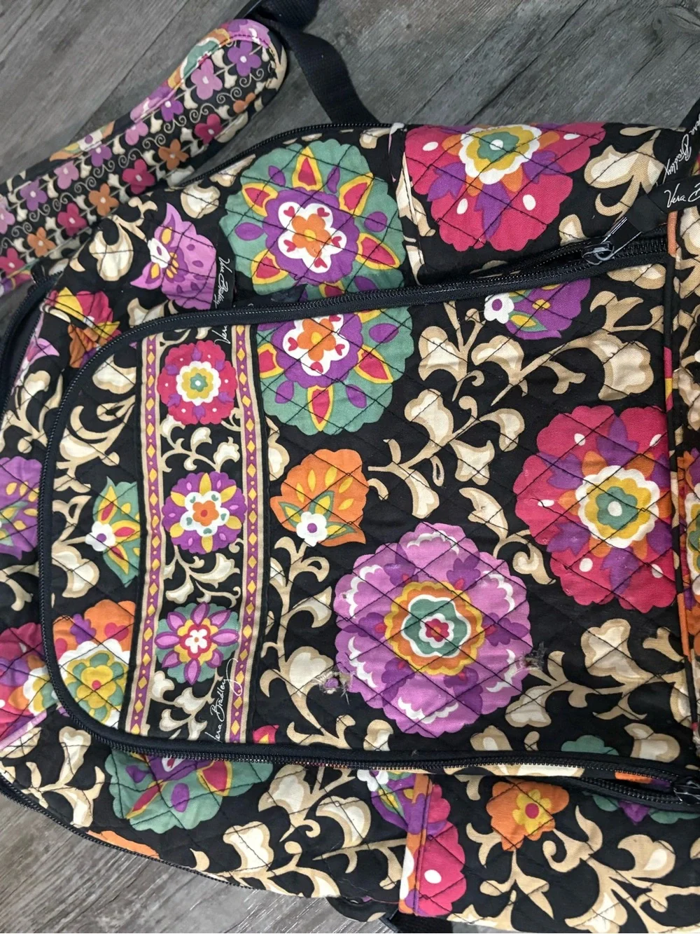 Vera Bradley Black Quilted Backpack with Multicolor Floral Medallions